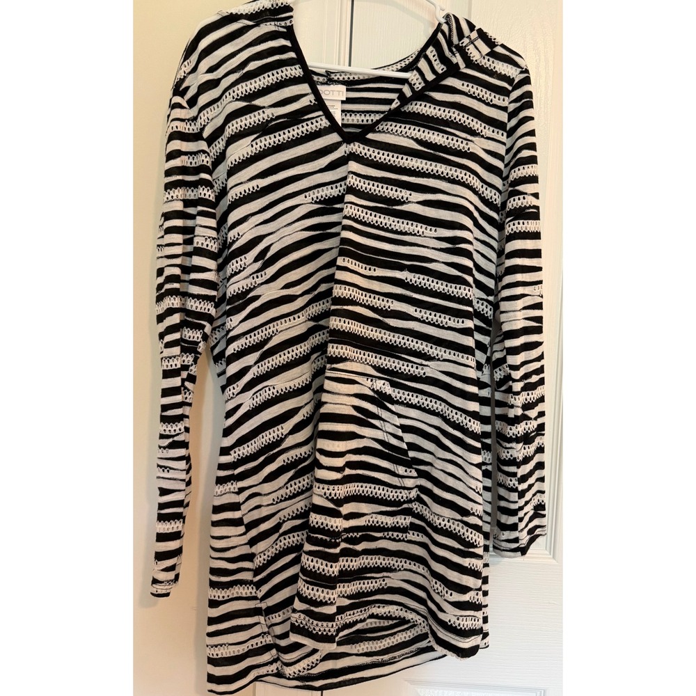 Dotti Womens Black White Striped Hooded Swim Cover Up Tunic Kangaroo Pocket L